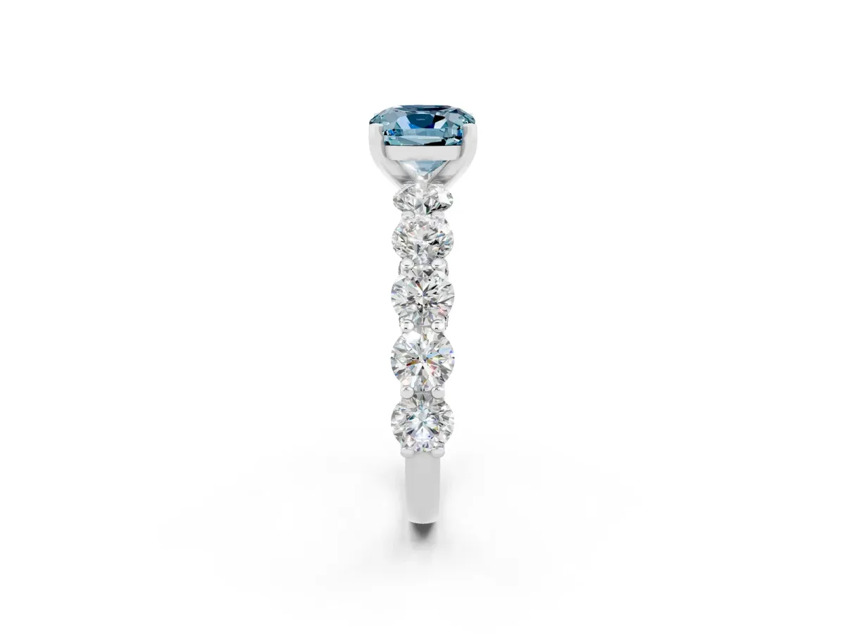Cushion Cut Aquamarine Prong Setting with Side Stones on a Pave Band Silver