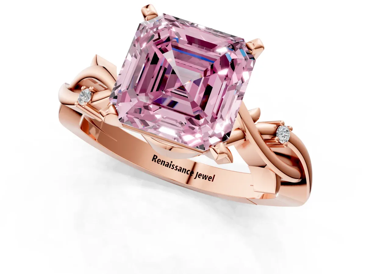 Fancy Pink Asscher Cut Diamond Solitaire Ring with Twisted Band and Prong Setting Rose gold
