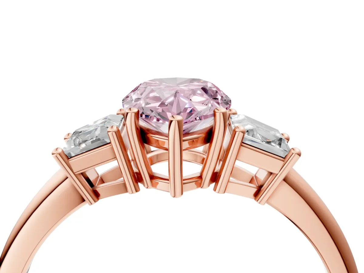 Fancy Pink Pear Cut Diamond Three-Stone Ring with Trapezoid Side Stones and Prong Setting Rose gold
