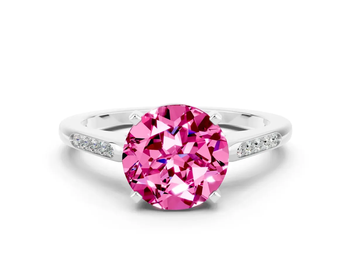 Round Cut Pink Sapphire Solitaire Ring with Channel Set Round Band and Prong Setting Silver