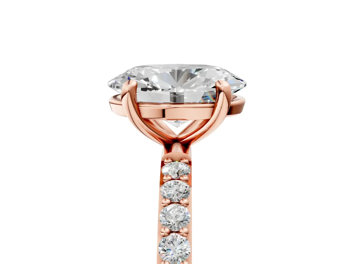 Oval Cut Diamond Solitaire Ring with Round Pavé Band and Prong Setting Rose gold