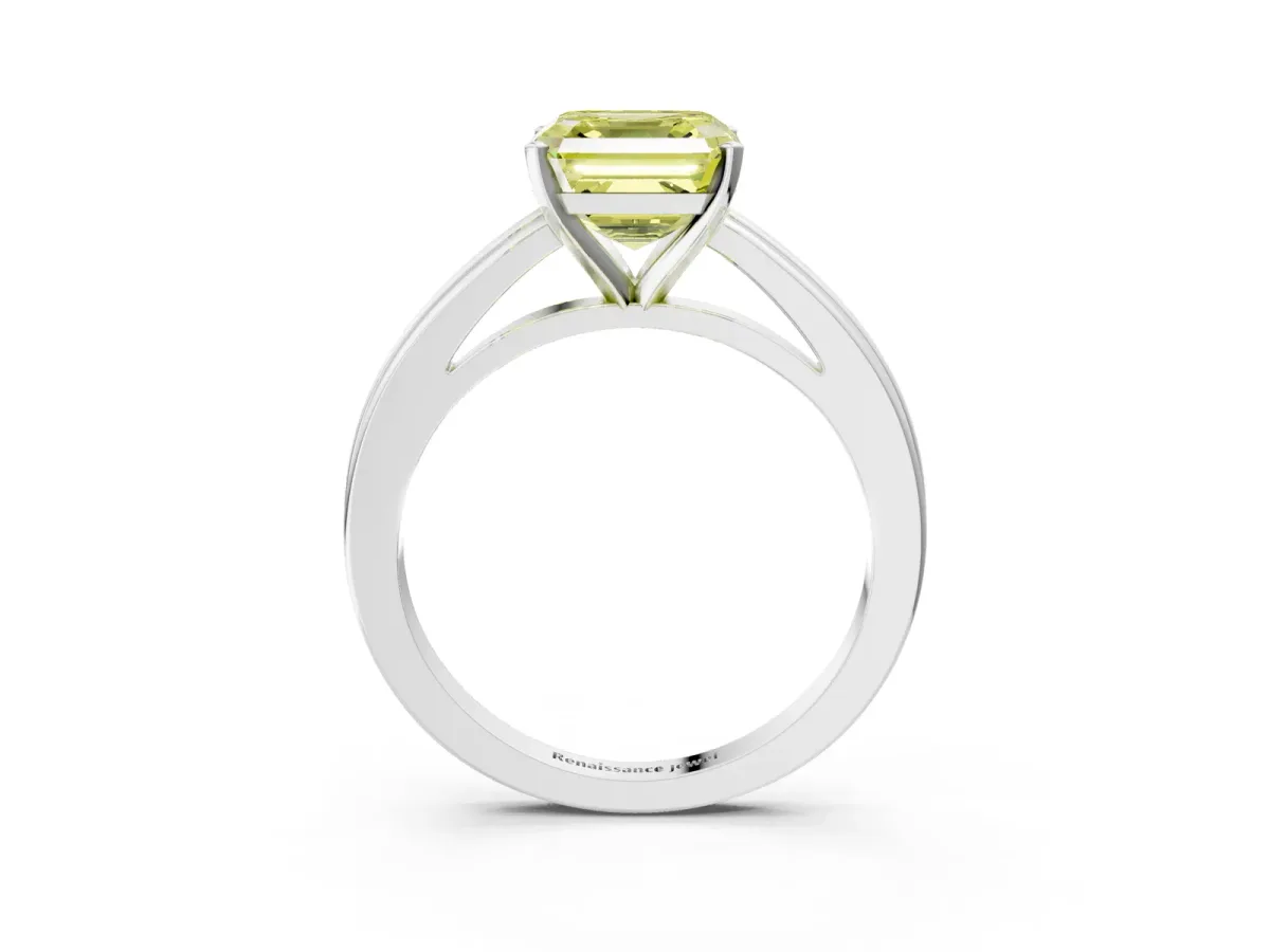 Fancy Yellow Asscher Cut Solitaire Diamond Ring with Four-Prong Setting and Classic Band Platinum