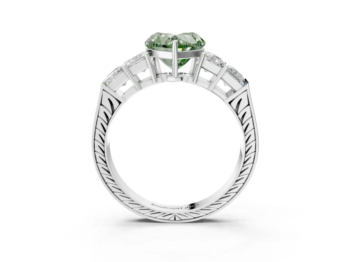 Fancy Green Heart Cut Solitaire Princess Side Stone Engraved Band Prong Setting Ring Platinum