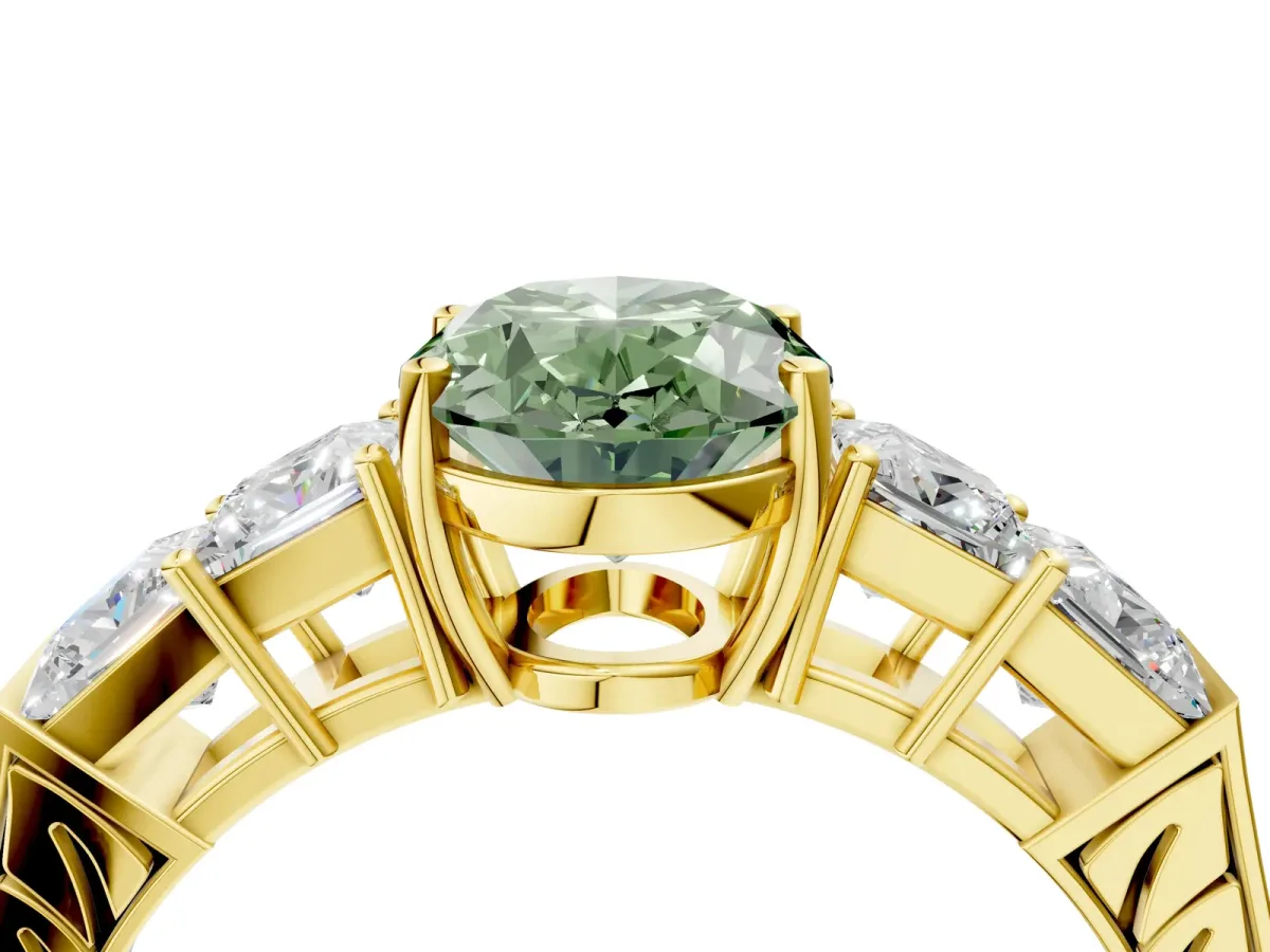 Fancy Green Oval Cut Solitaire Princess Side Stone Engraved Band Prong Setting Ring Yellow gold