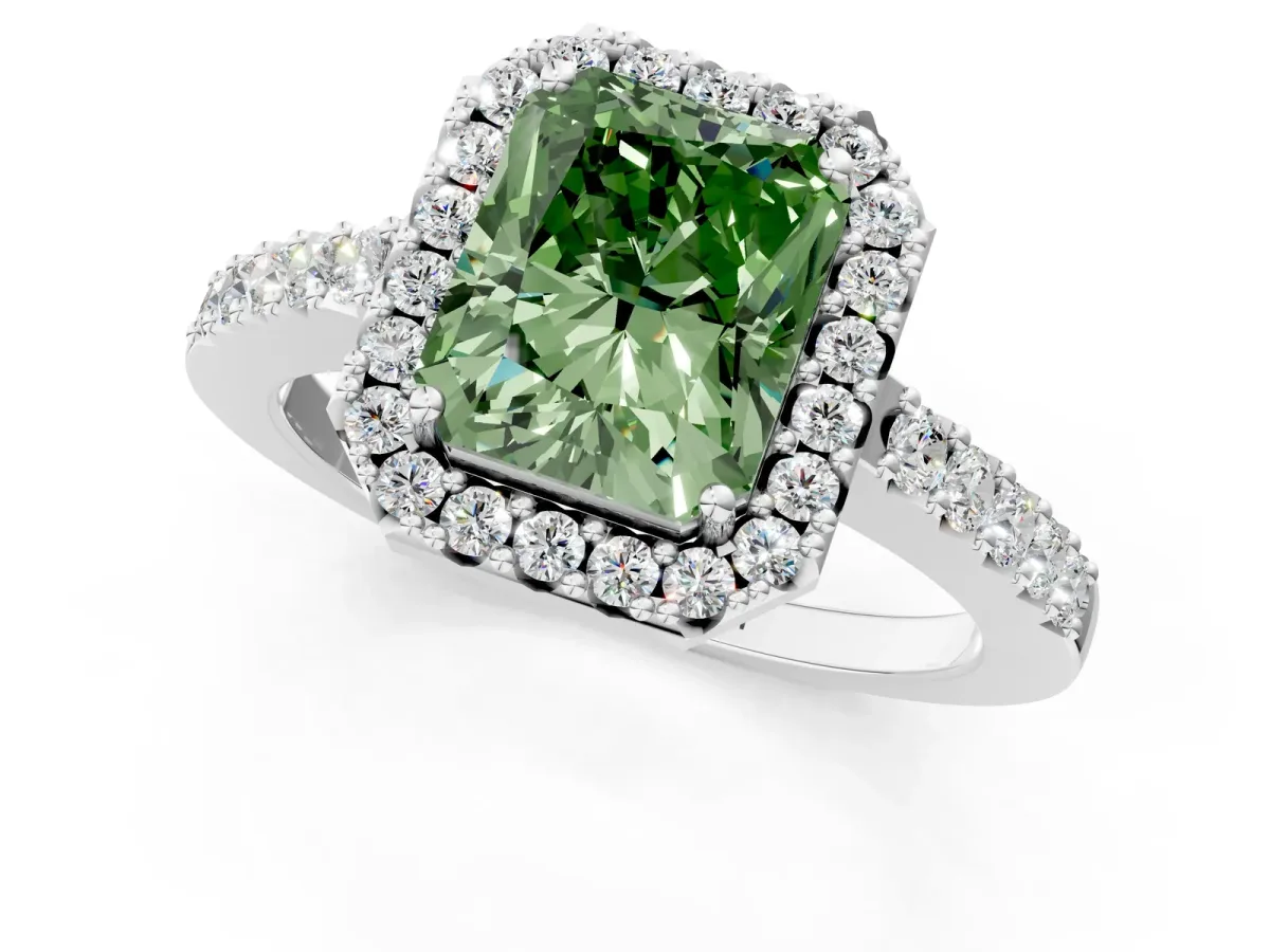Fancy Green Radiant Cut Halo Diamond Pavé Solitaire Ring Platinum