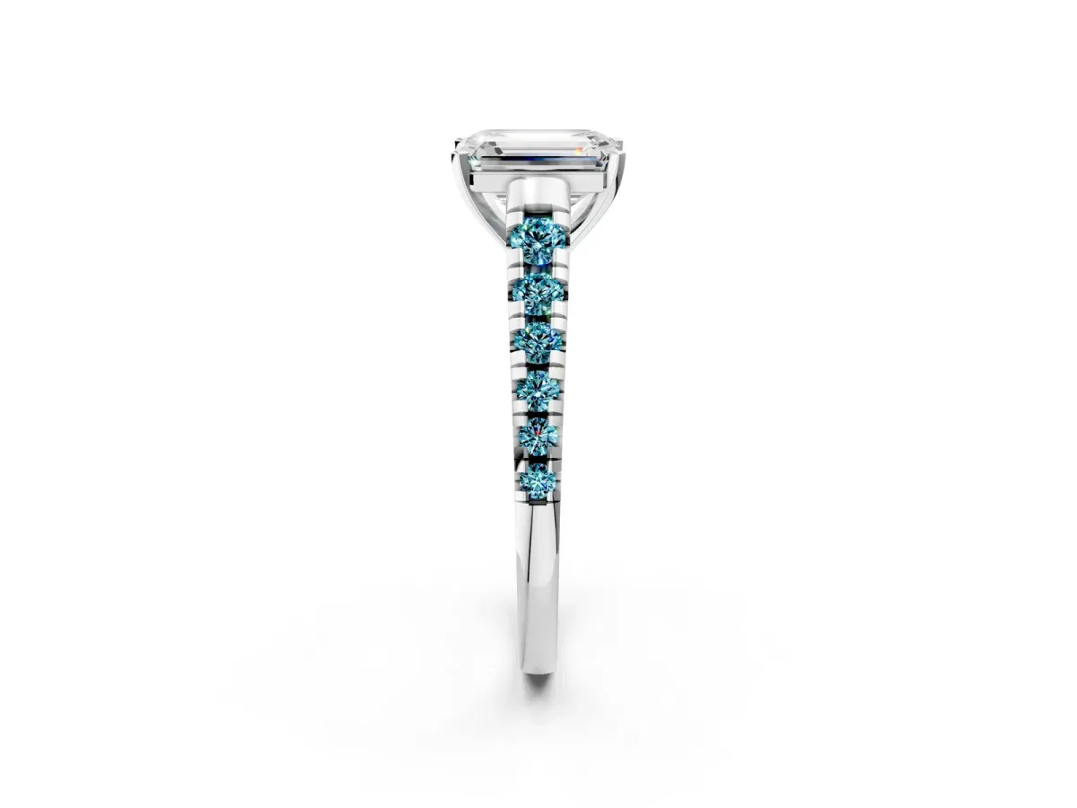 Emerald Cut Diamond Cathedral Solitaire Ring with Round Blue Topaz Pavé Band Silver