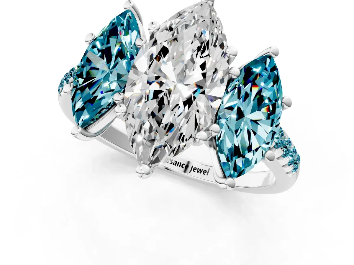 Three-Stone Marquise Cut Diamond Ring with Round Blue Topaz Pavé Band and Prong Setting Silver