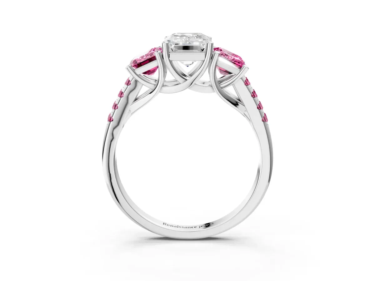 Three-Stone Emerald Cut Diamond Ring with Round Pink Sapphire Pavé Band and Prong Setting Silver