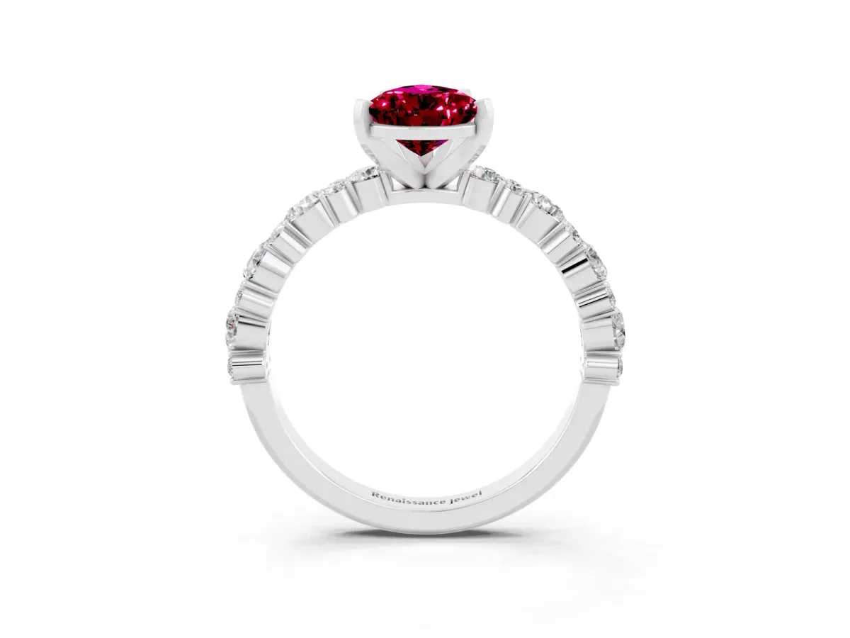 Pear Cut Garnet Side Stone Solitaire Ring with Round and Four-Prong Setting White gold