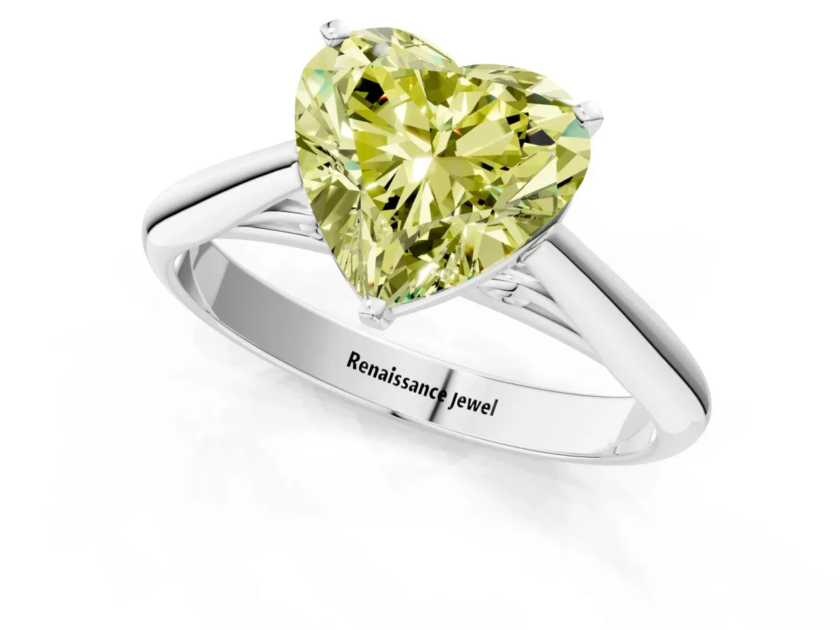 Fancy Yellow Heart Cut Diamond Solitaire Engagement Ring with Cathedral Setting and Four-Prong Mount Silver