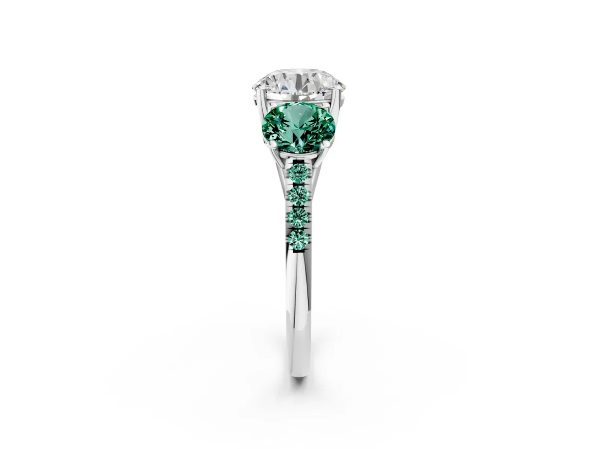 Three-Stone Round Cut Diamond Ring with Round Green Sapphire Pavé Band and Prong Setting Silver