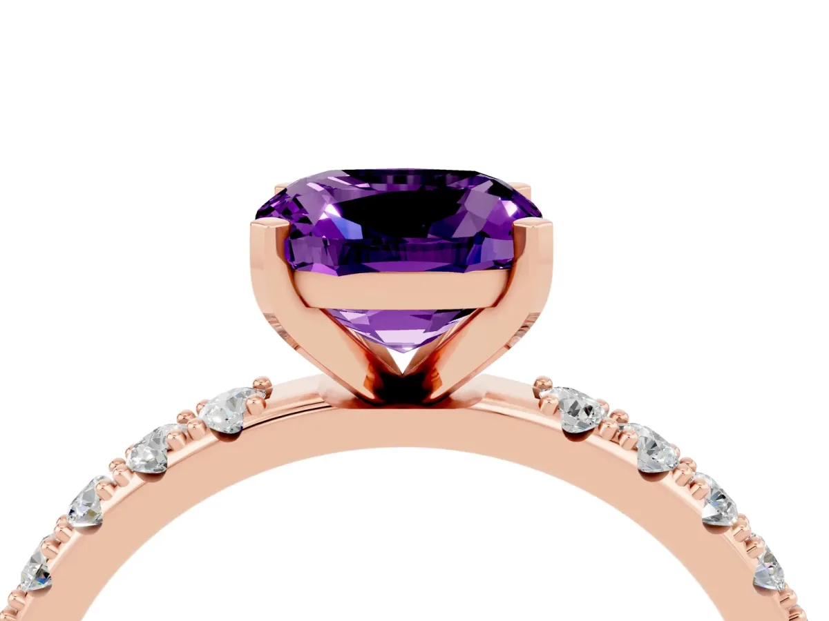 Cushion Cut Amethyst Solitaire Pavé Band with Four-Prong Setting Rose gold
