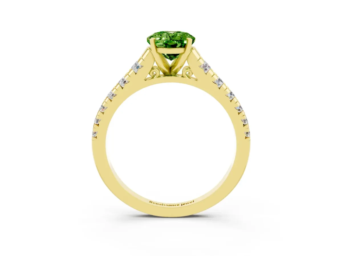 Oval Cut Peridot Cathedral Solitaire Ring with Round Pavé Band Yellow gold
