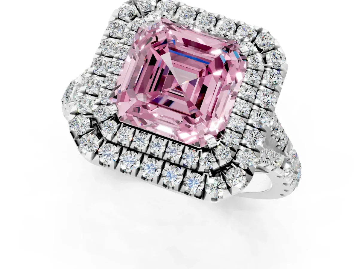 Fancy Pink Asscher Cut Cut Double Halo Split Shank Diamond Ring with Prong Setting Platinum