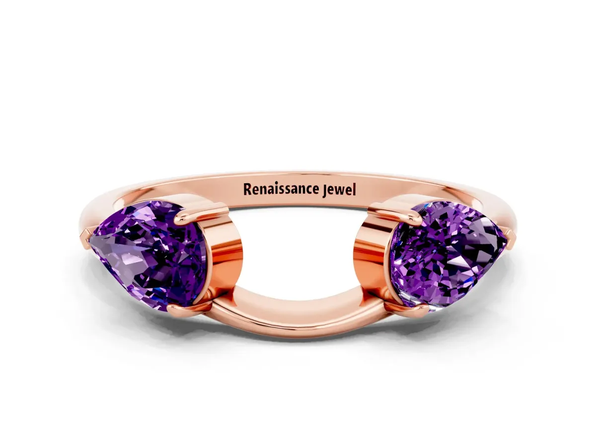 Two-Stone Pear Amethyst Bypass Ring with Prong Setting Rose gold