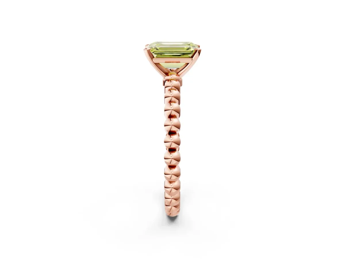 Fancy Yellow Emerald Cut Diamond Solitaire Ring with Beaded Band and Prong Setting Rose gold
