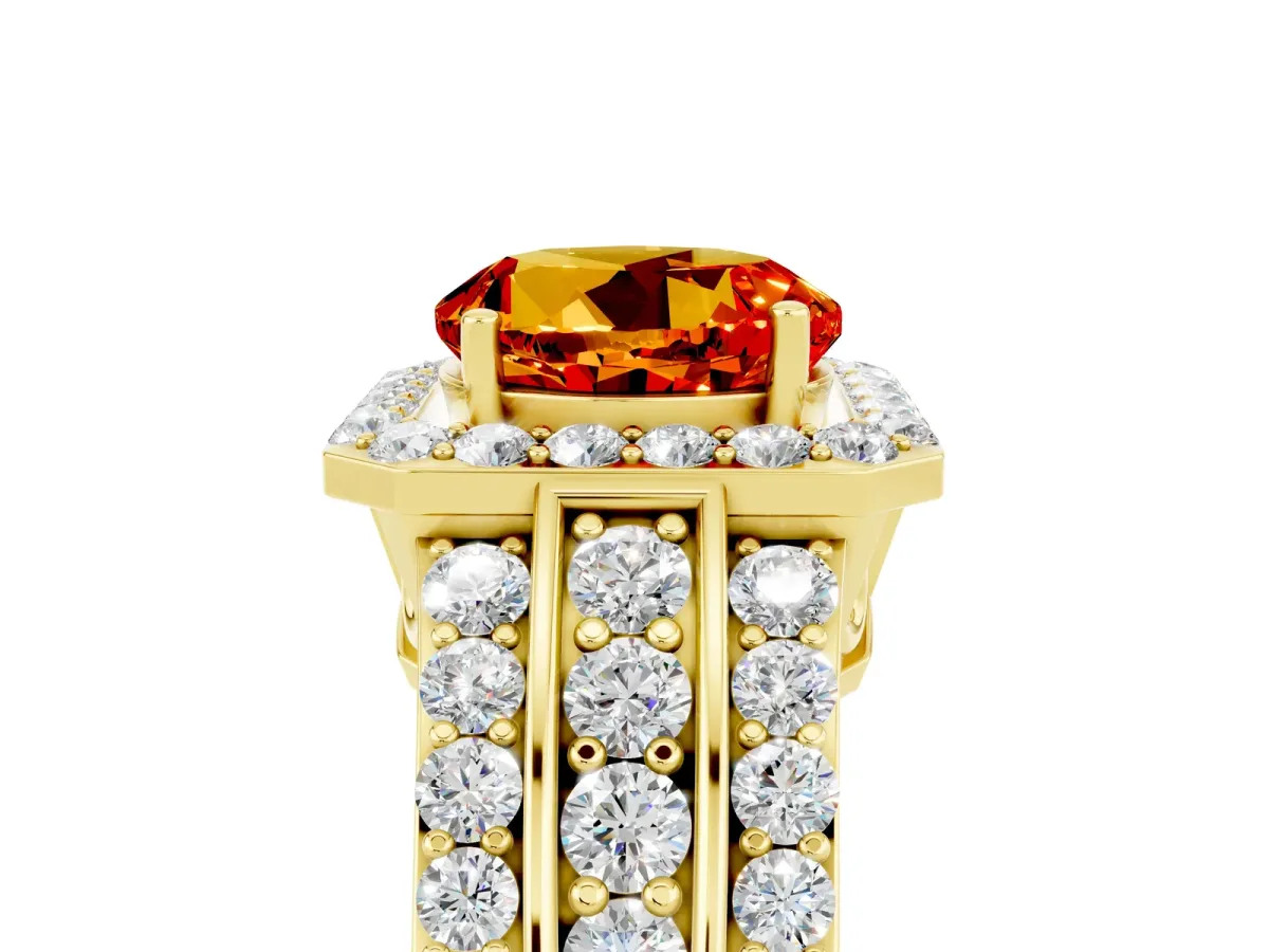Round Cut Halo Citrine Ring with Round Split Shank and Prong Setting Yellow gold