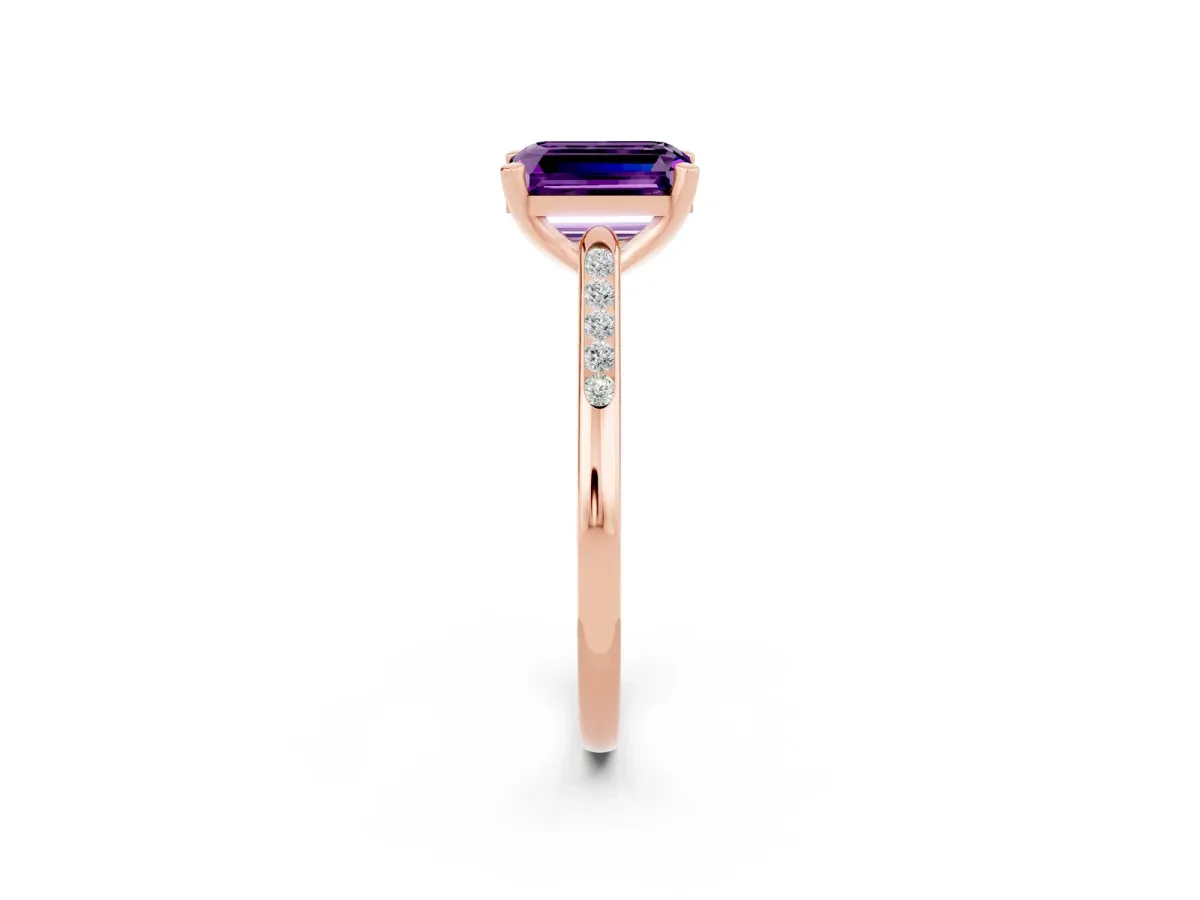 Emerald Cut Amethyst Solitaire Ring with Channel Set Round Band and Prong Setting Rose gold