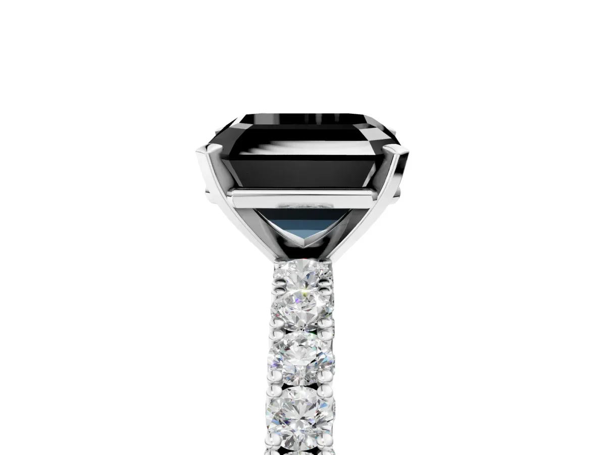 Fancy Black Asscher Cut Diamond Solitaire Ring with Round Accent Pavé Band and Prong Setting Platinum