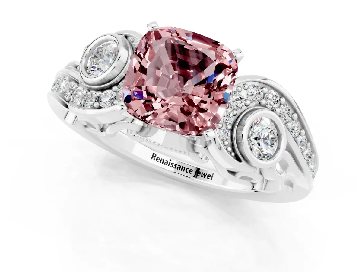Cushion Cut Morganite Solitaire Ring with Milgrain Pavé Band and Four-Prong Setting Silver