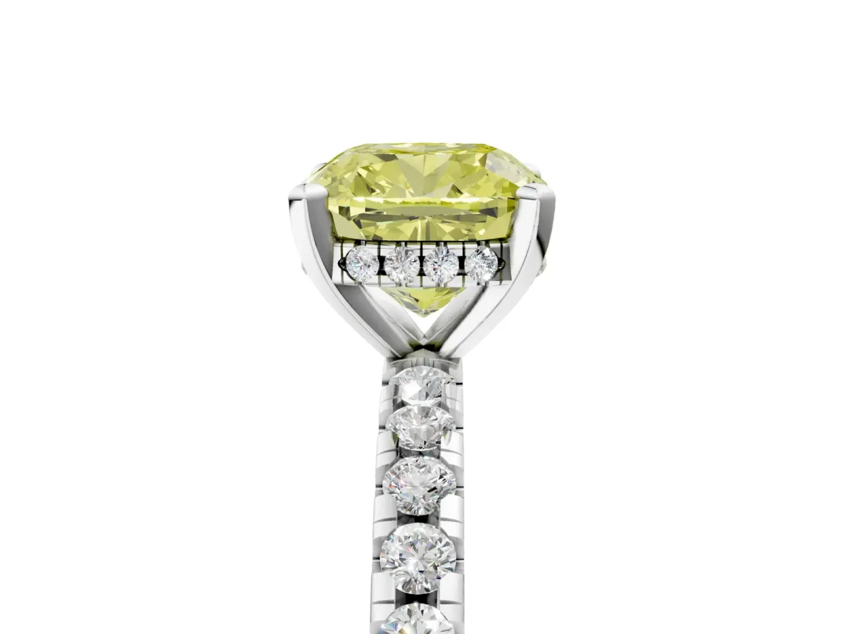 Fancy Yellow Cushion Cut Diamond Solitaire Ring with Round Pavé Band and Four-Prong Setting Silver