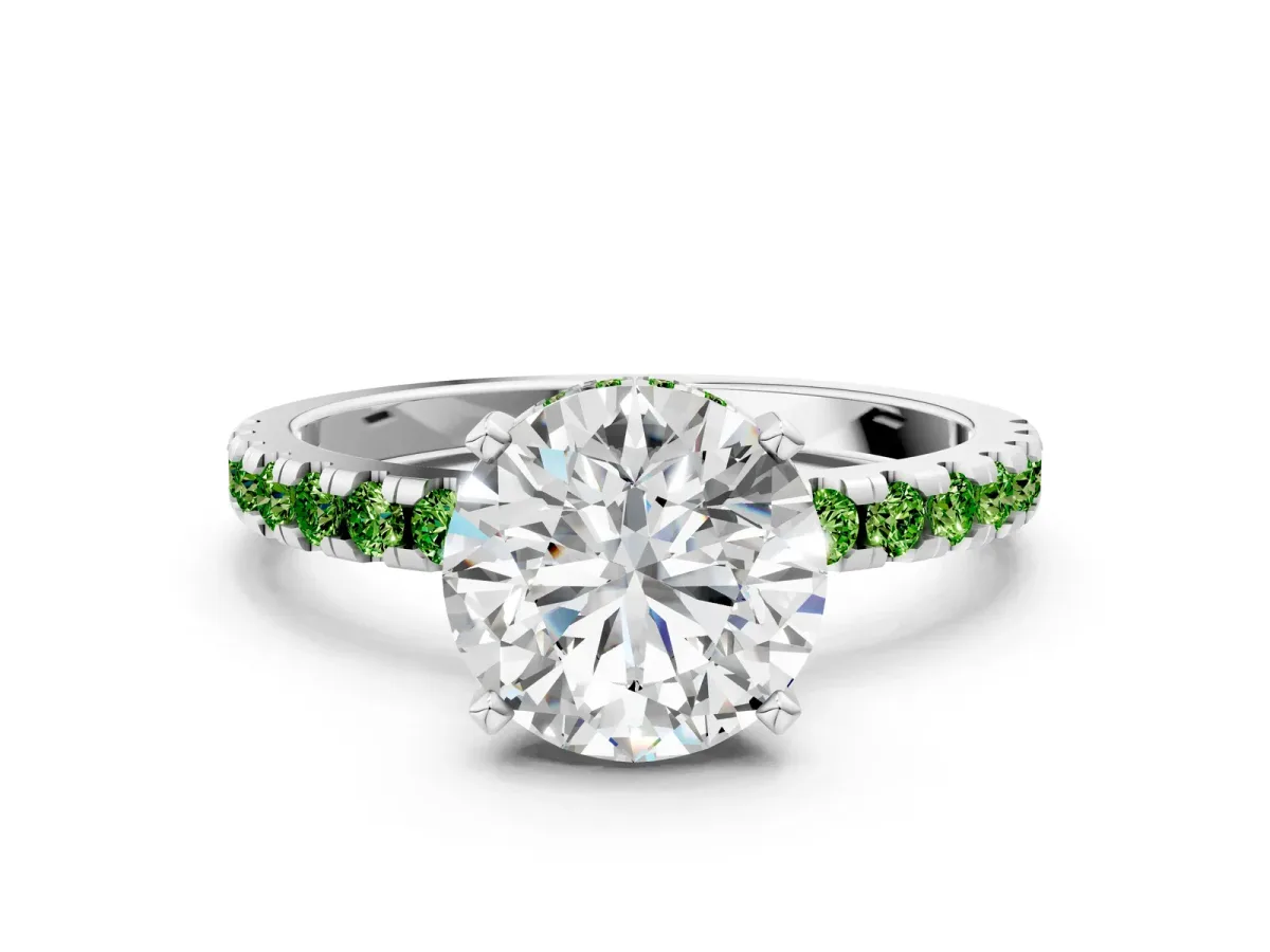 Round Cut Diamond Solitaire Ring with Round Peridot Pavé Band and Four-Prong Setting Silver