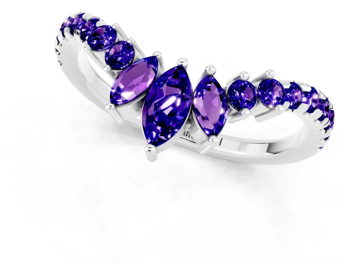 Chevron Marquise and Round Tanzanite Open Band with Prong Setting Silver