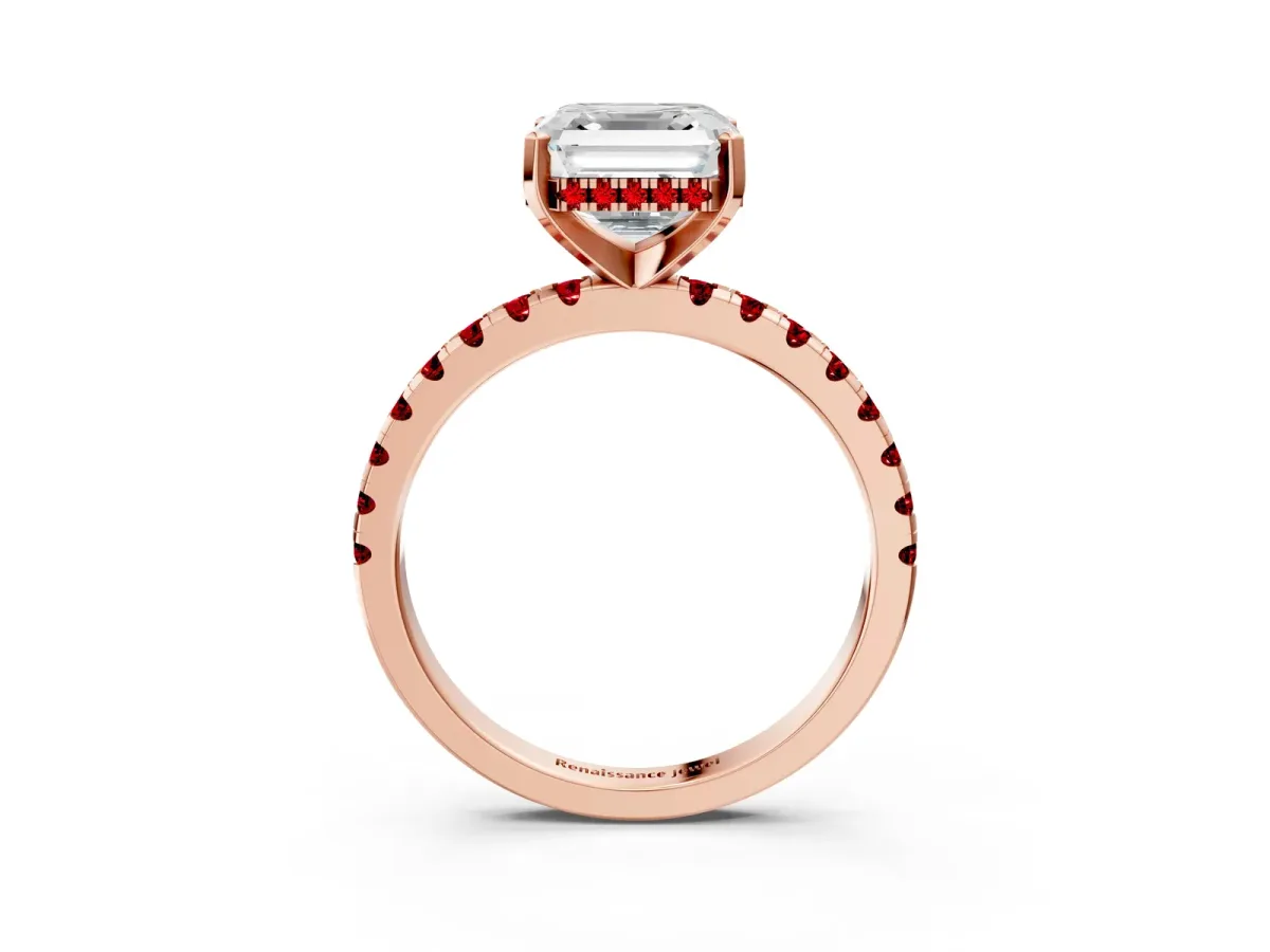 Asscher Cut Diamond Solitaire Ring with Round Ruby Pavé Band and Four-Prong Setting Rose gold