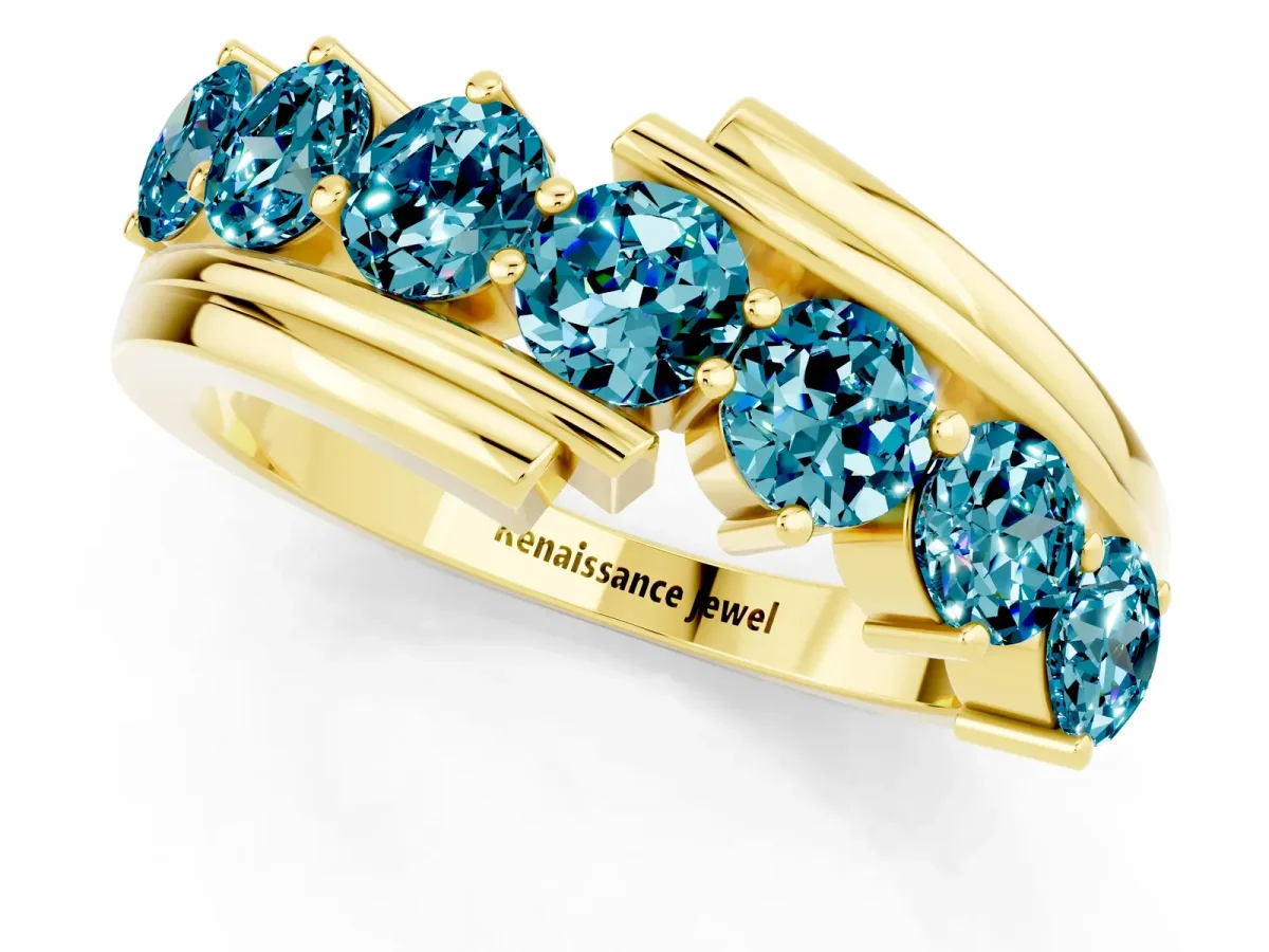 Round Blue Topaz Wave Band with Channel and Shared Prong Setting Yellow gold