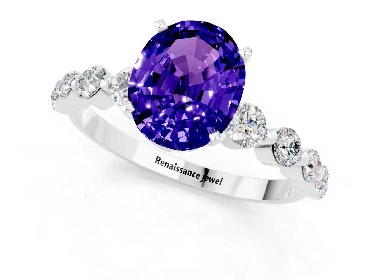 Oval Cut Solitaire Tanzanite Ring with Pave Band and Four-Prong Setting Silver
