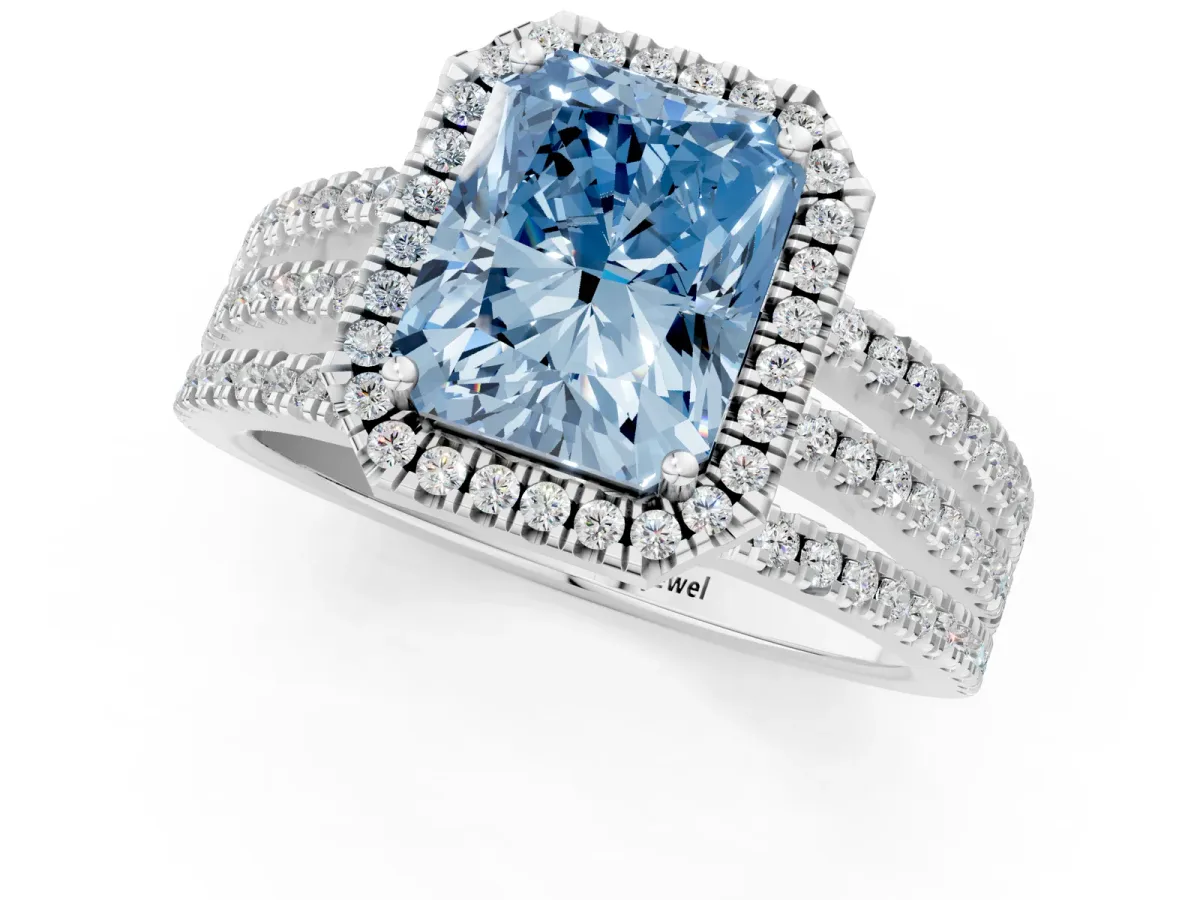 Fancy Blue Radiant Cut Diamond Halo Engagement Ring with Split Shank and Four-Prong Setting Platinum