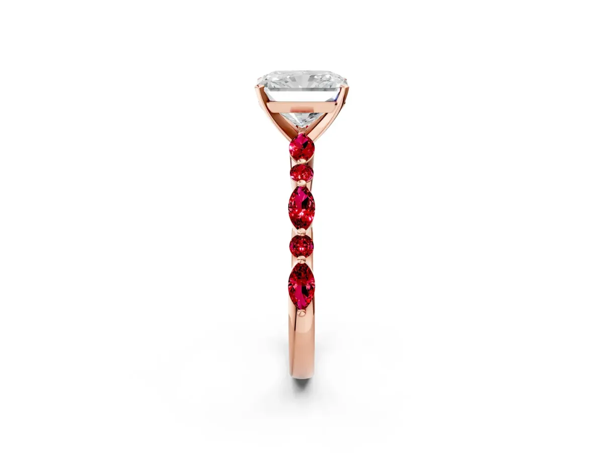 Radiant Cut Diamond Ring with Marquise and Round Ruby Side Stones and Four-Prong Setting Rose gold