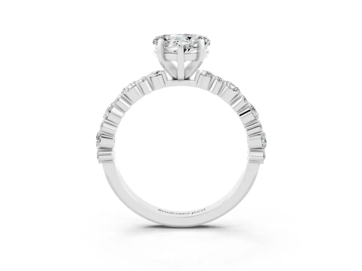 Heart Cut Moissanite Side Stone Solitaire Ring with Round and Four-Prong Setting Silver