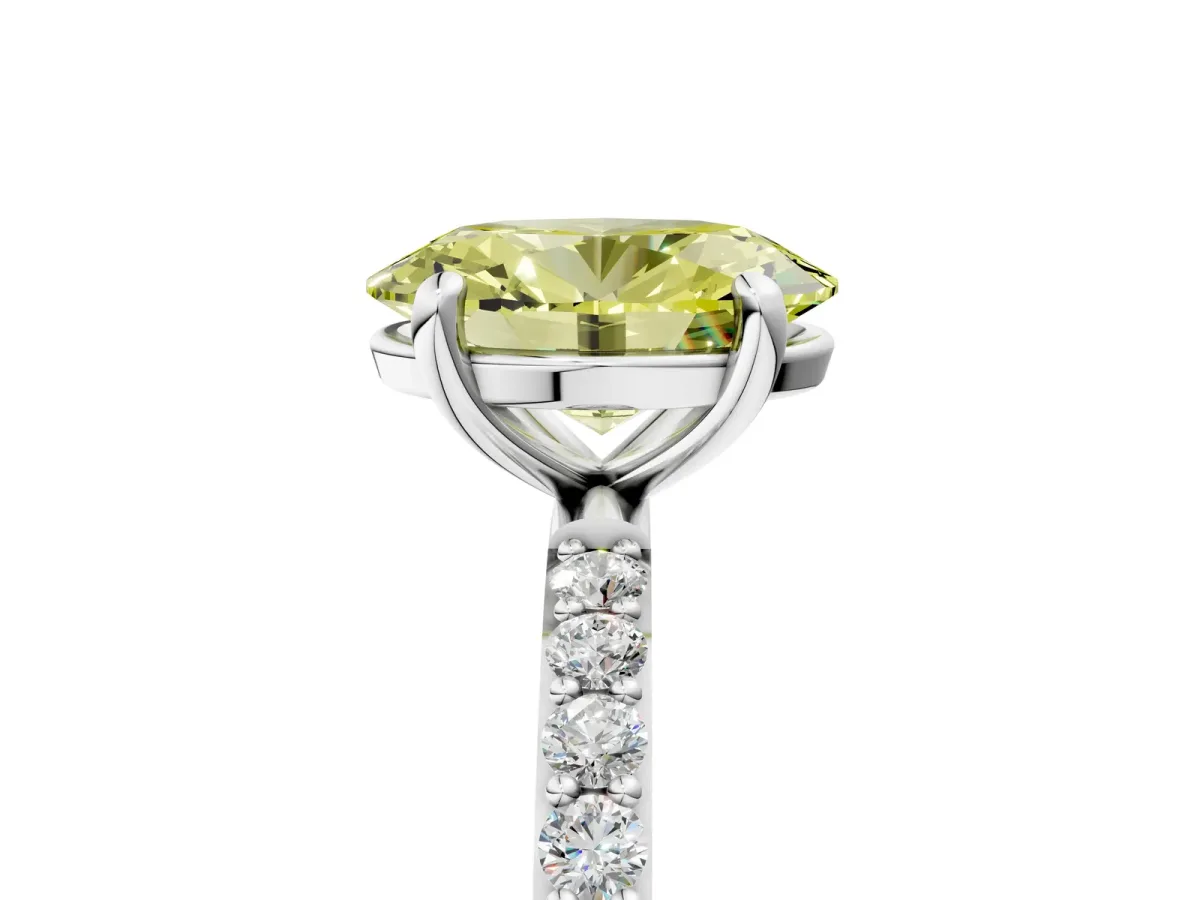Fancy Yellow Oval Cut Diamond Solitaire Ring with Round Pavé Band and Prong Setting Silver