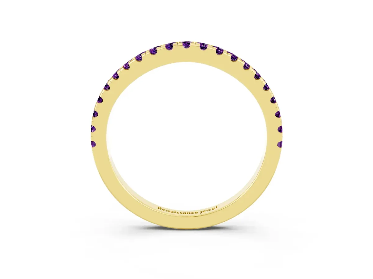 Round Amethyst Pavé Half Eternity Band with Shared Prong Setting Yellow gold