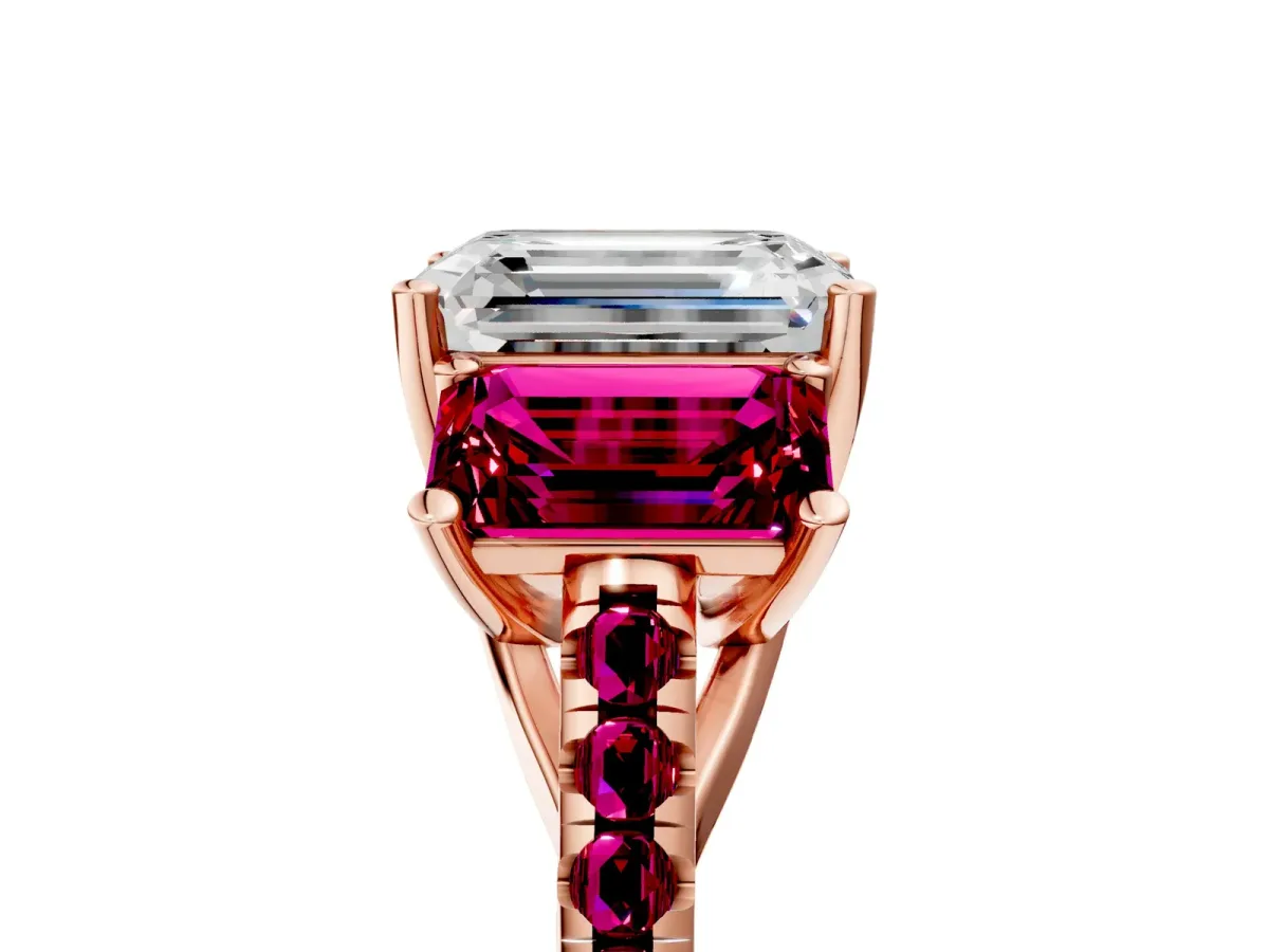Three-Stone Emerald Cut Diamond Ring with Round Garnet Pavé Band and Prong Setting Rose gold
