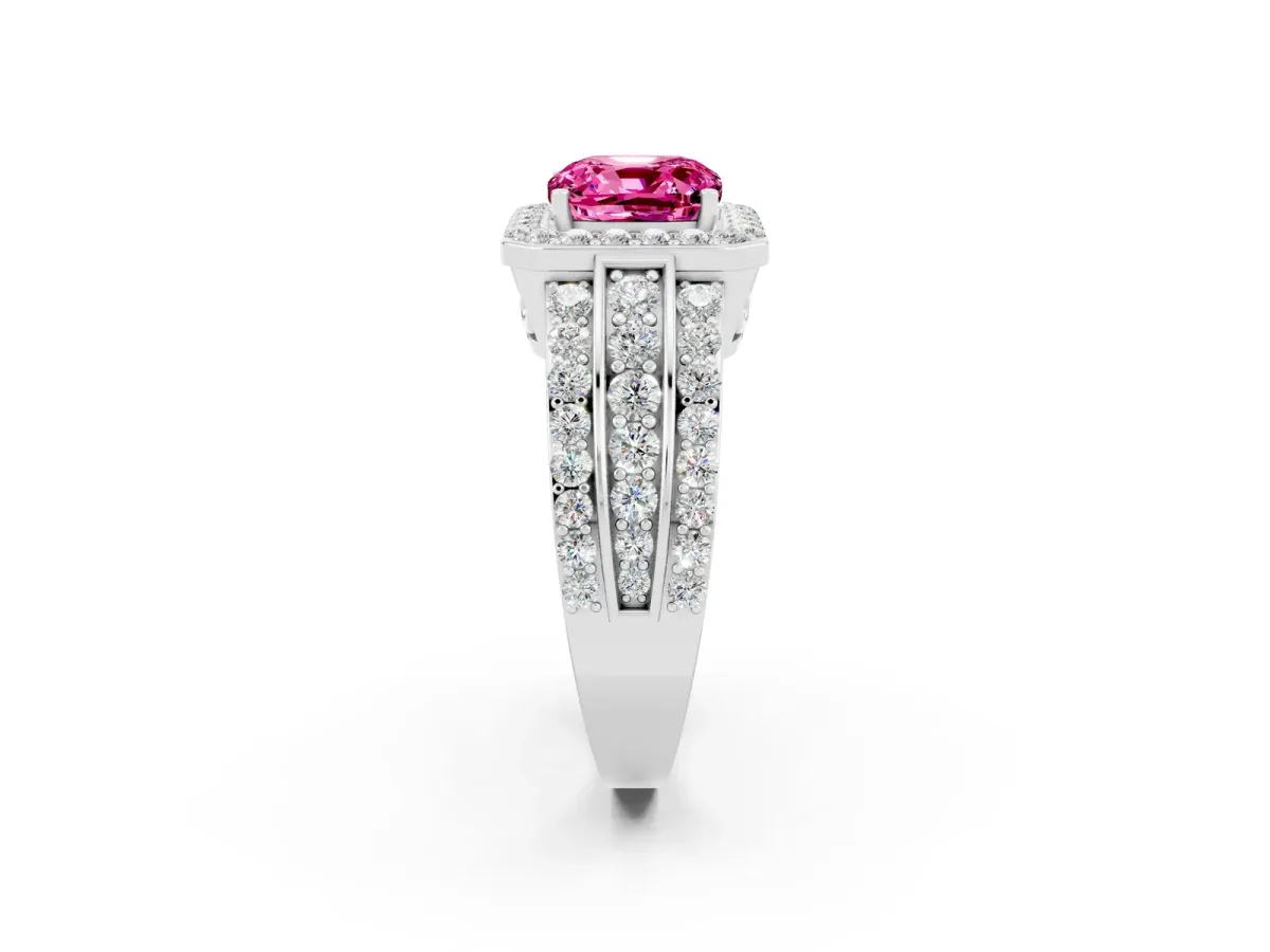 Cushion Cut Halo Pink Sapphire Ring with Round Split Shank and Prong Setting Platinum