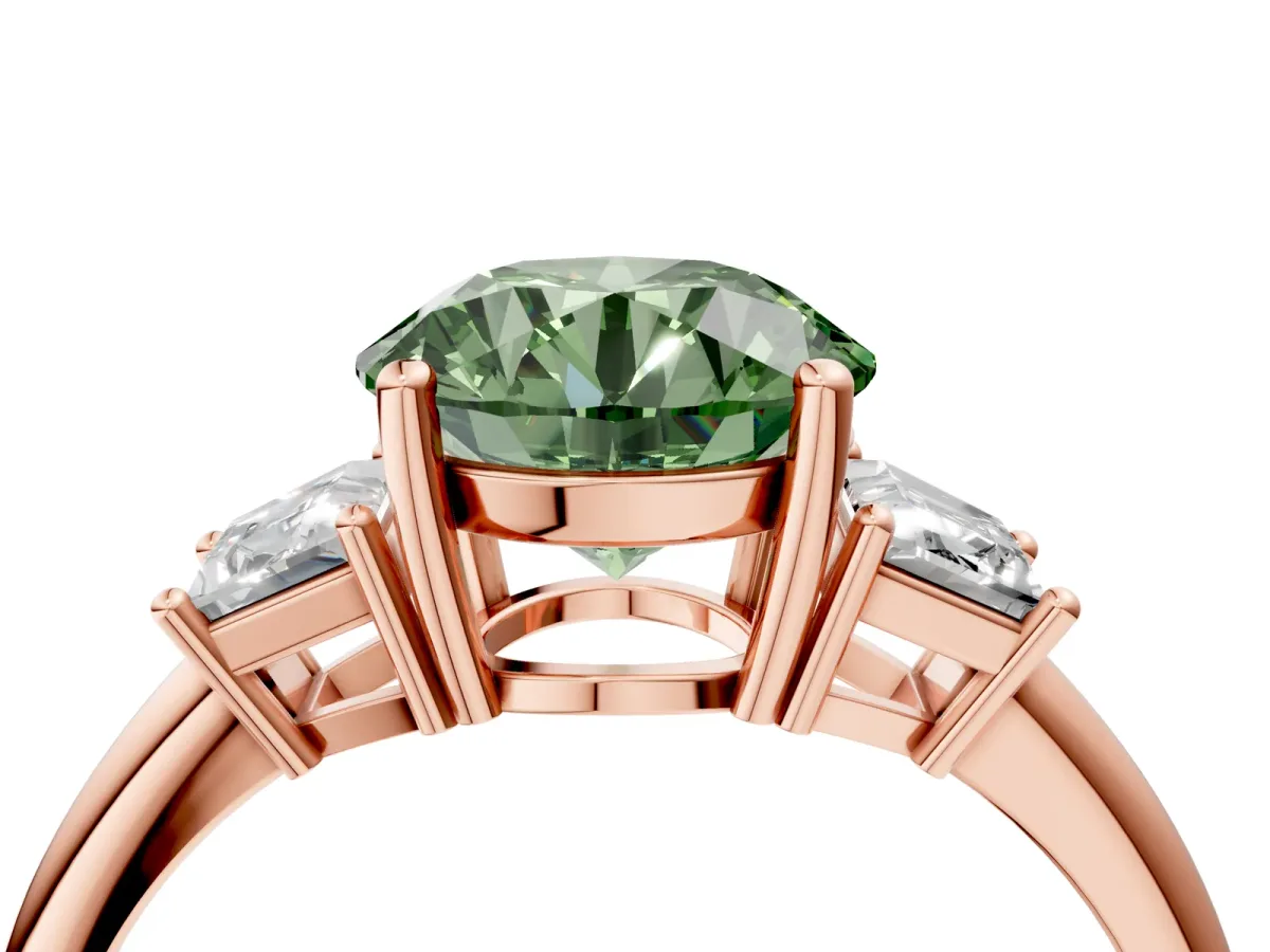 Fancy Green Round Cut Diamond Three-Stone Ring with Trapezoid Side Stones and Prong Setting Rose gold