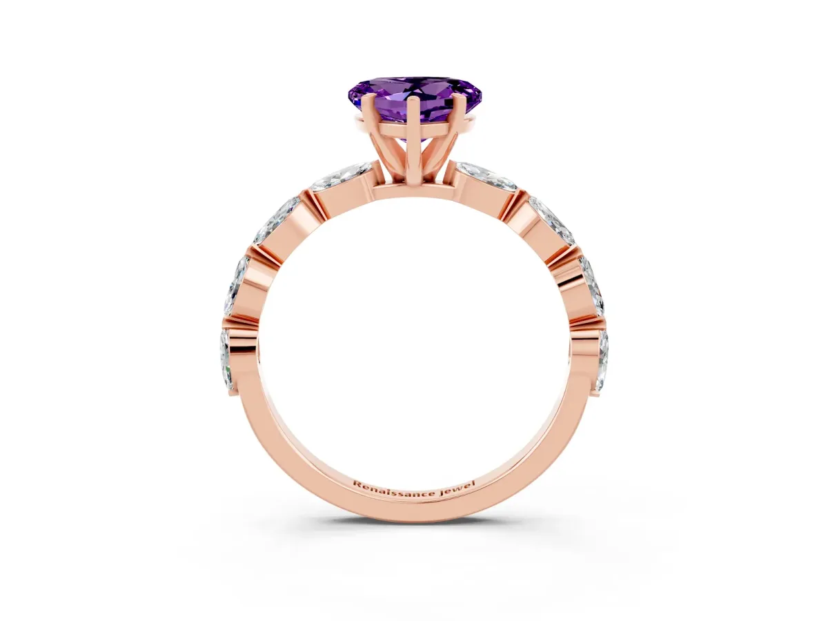 Heart Cut Amethyst Ring with Marquise Side Stones and Prong Setting Rose gold
