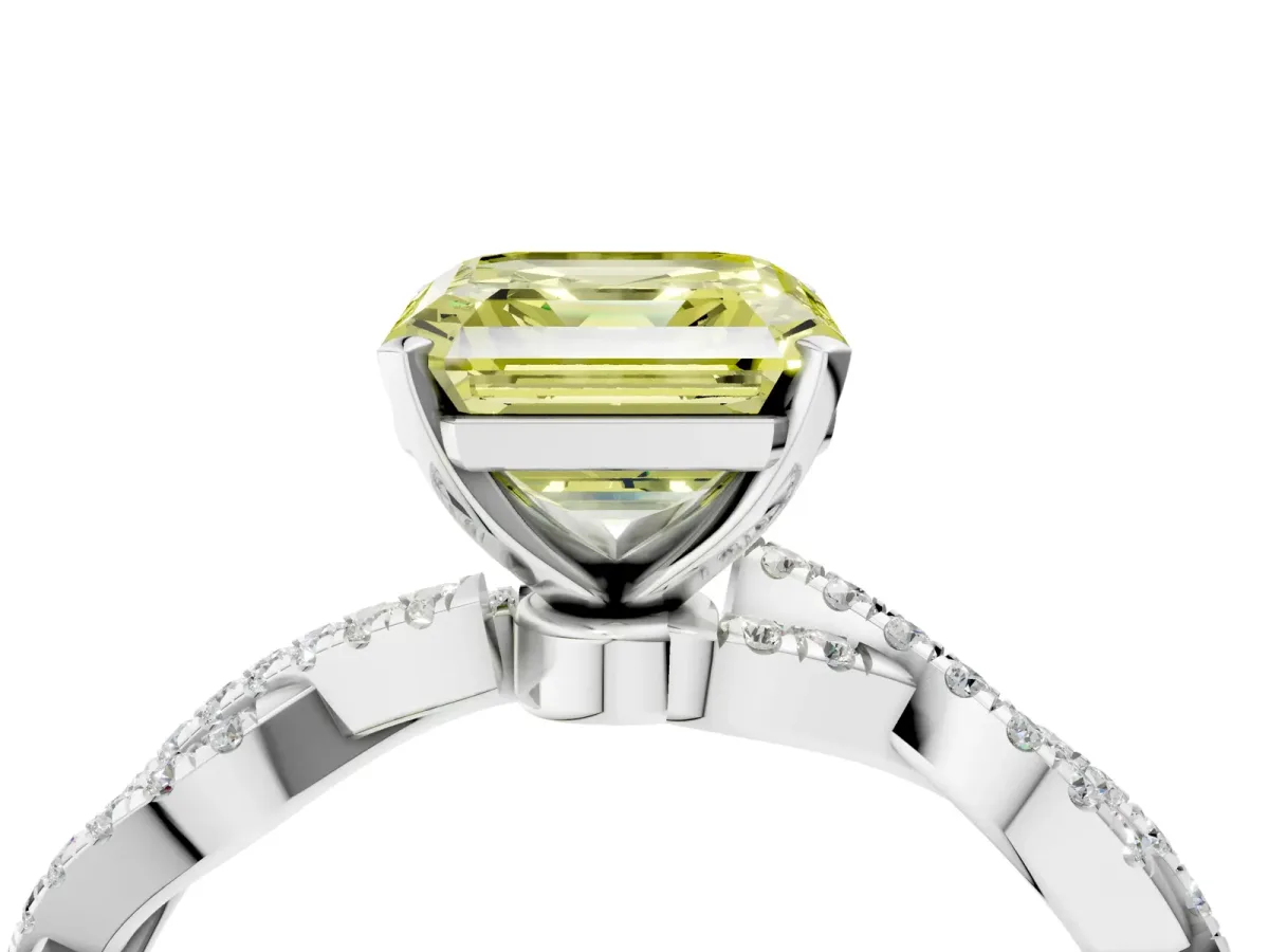 Fancy Yellow Asscher Cut Solitaire Twisted Pave Band with Four-Prong Setting Platinum