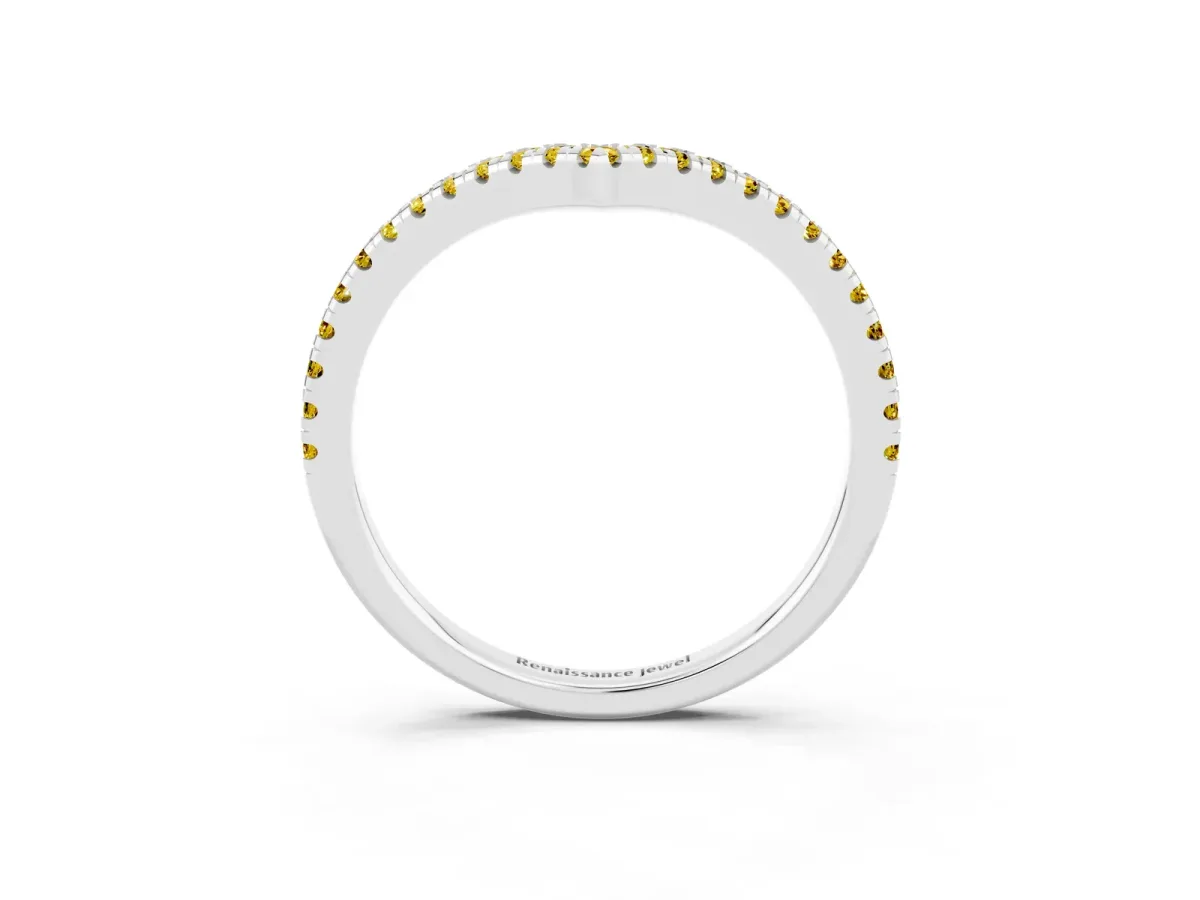 Pavé Round Yellow Sapphire V-Shaped Chevron Band with Shared Prong Setting Platinum