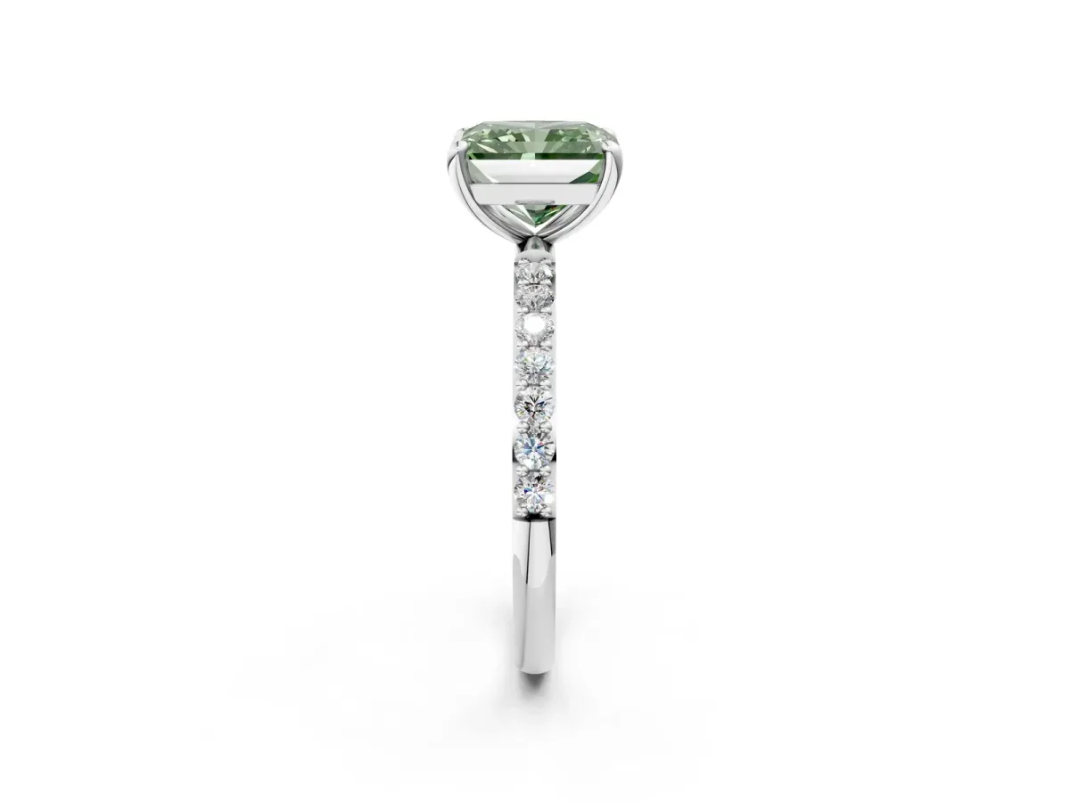 Fancy Green Radiant Cut Diamond Solitaire Ring with Round Pavé Band and Prong Setting Silver