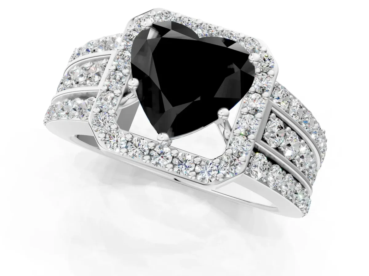 Fancy Black Heart Cut Halo Diamond Ring with Round Split Shank and Prong Setting Silver