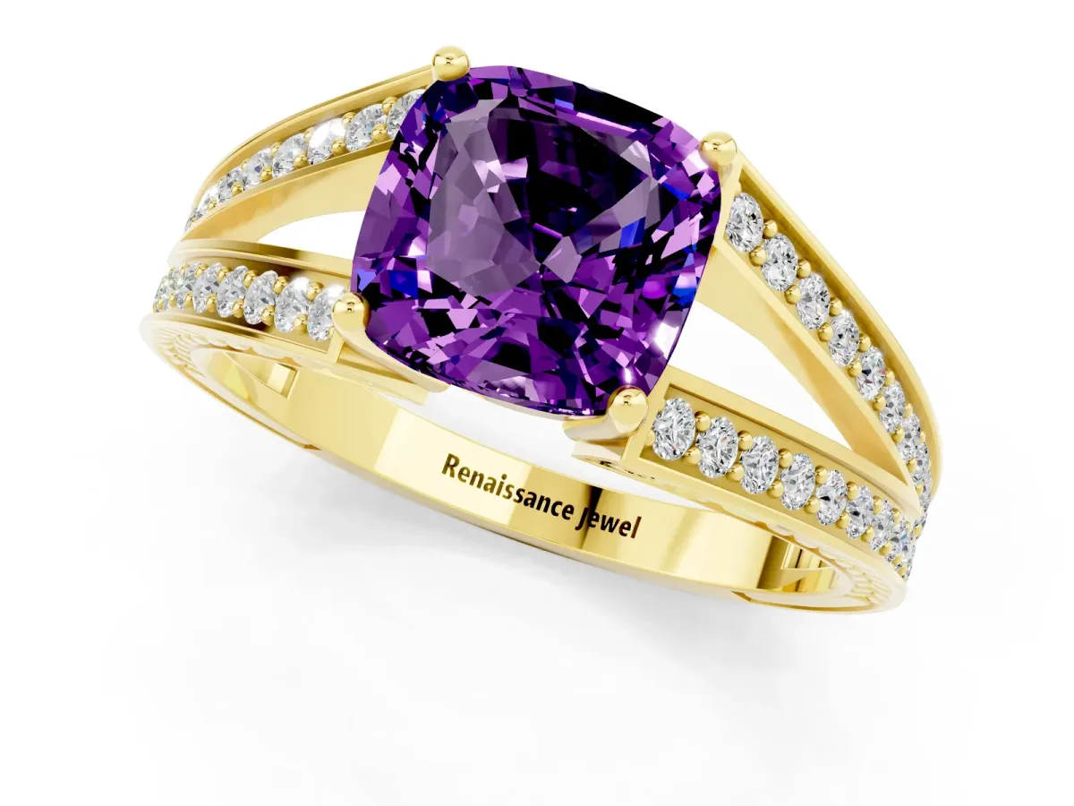 Cushion Cut Amethyst Split Shank Ring with Pavé Band and Four-Prong Setting Yellow gold