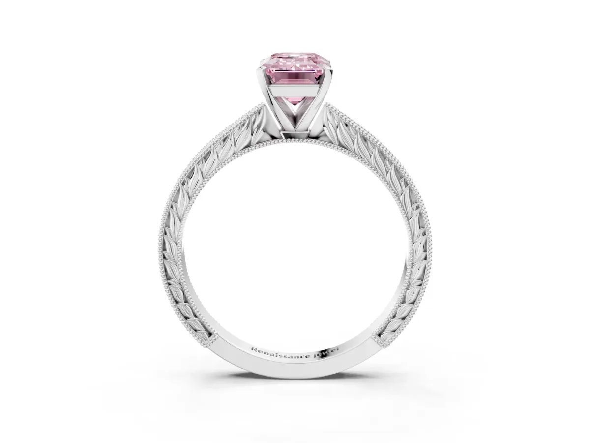 Fancy Pink Emerald Cut Solitaire Milgrain Engraved Band with Four-Prong Setting White gold