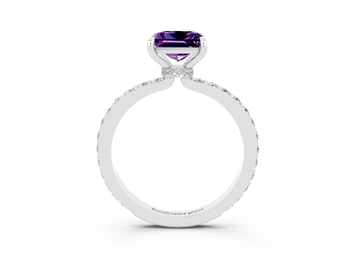 Princess Cut Amethyst Solitaire Engagement Ring with Pavé Band and Four-Prong Setting Silver