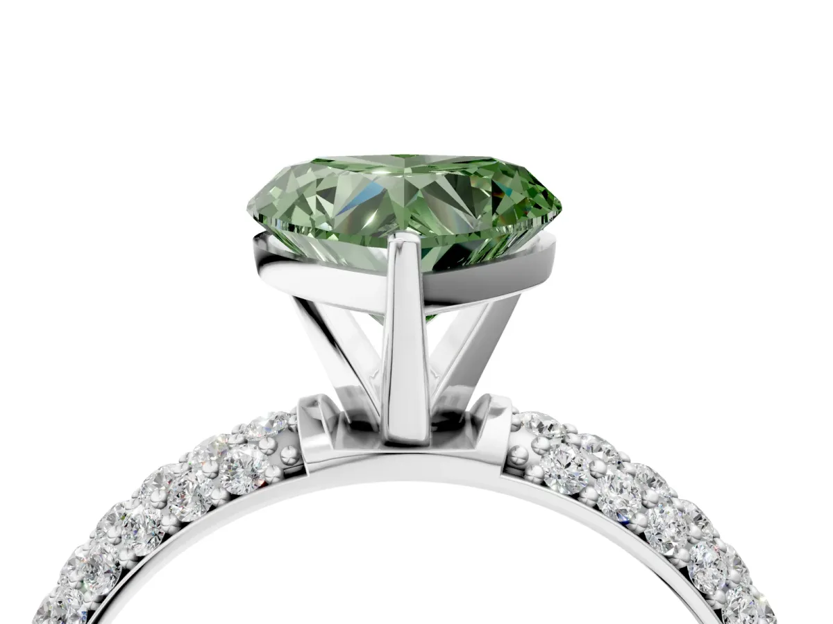 Fancy Green Heart Cut Diamond Solitaire Ring with Prong Setting and Pavé Band Platinum