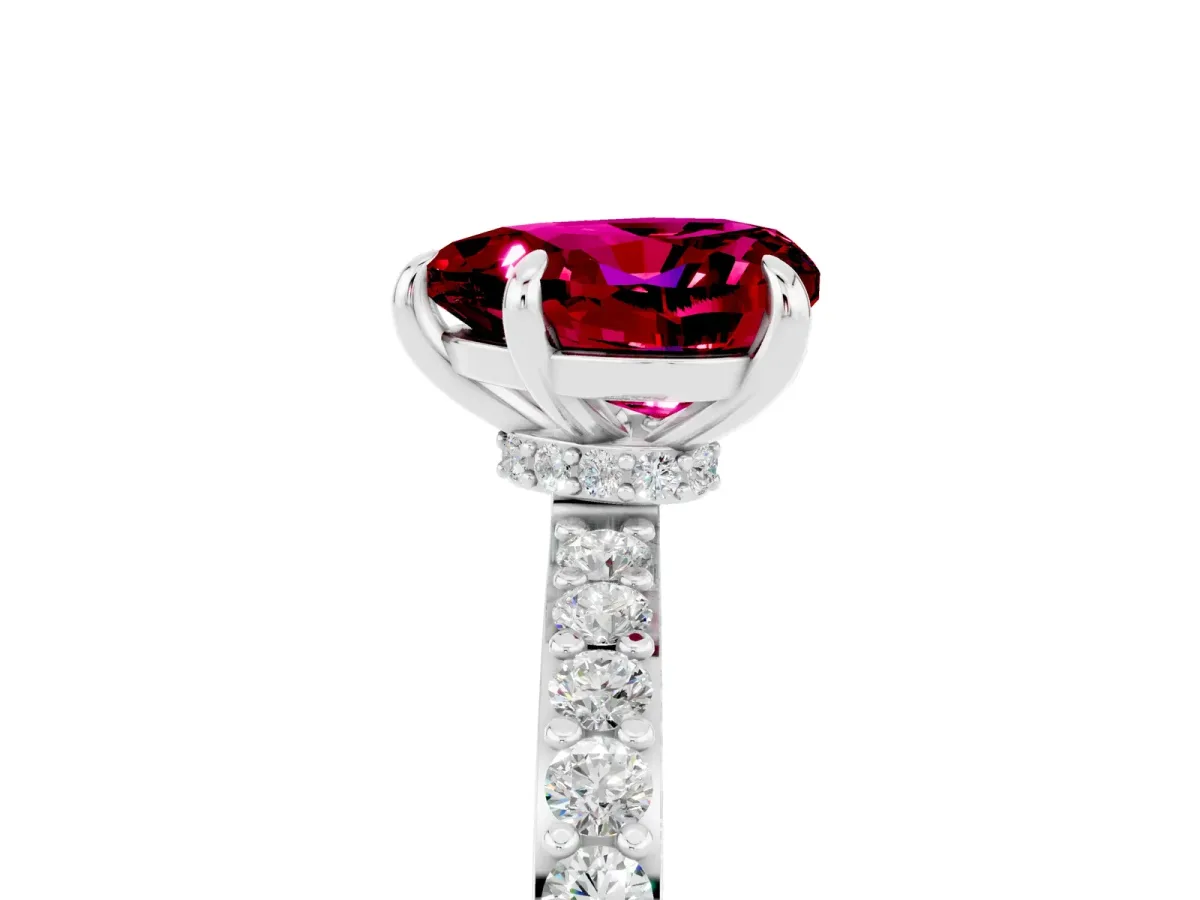 Heart Cut Garnet Solitaire Engagement Ring with Pavé Band and Four-Prong Setting Silver