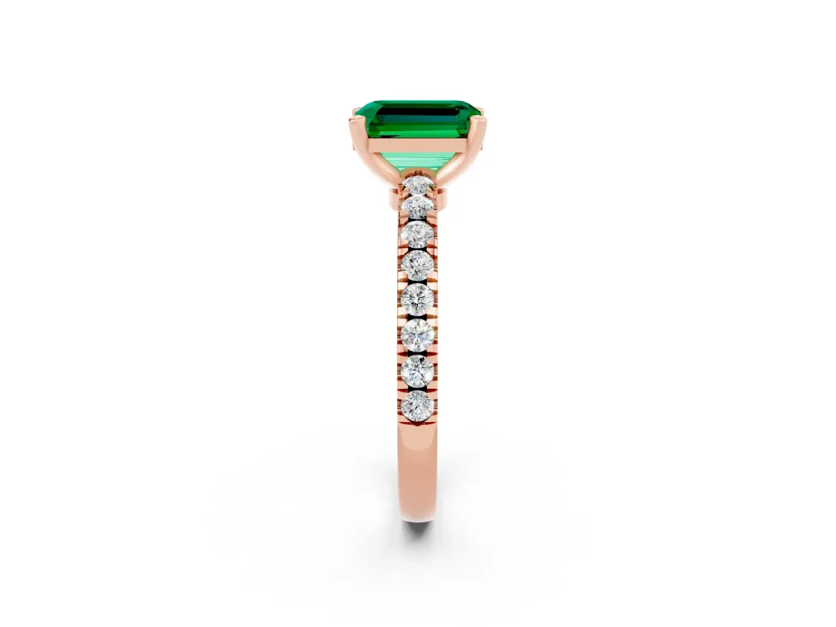 Emerald Cut Solitaire Emerald with Pavé Band and Four-Prong Setting Rose gold