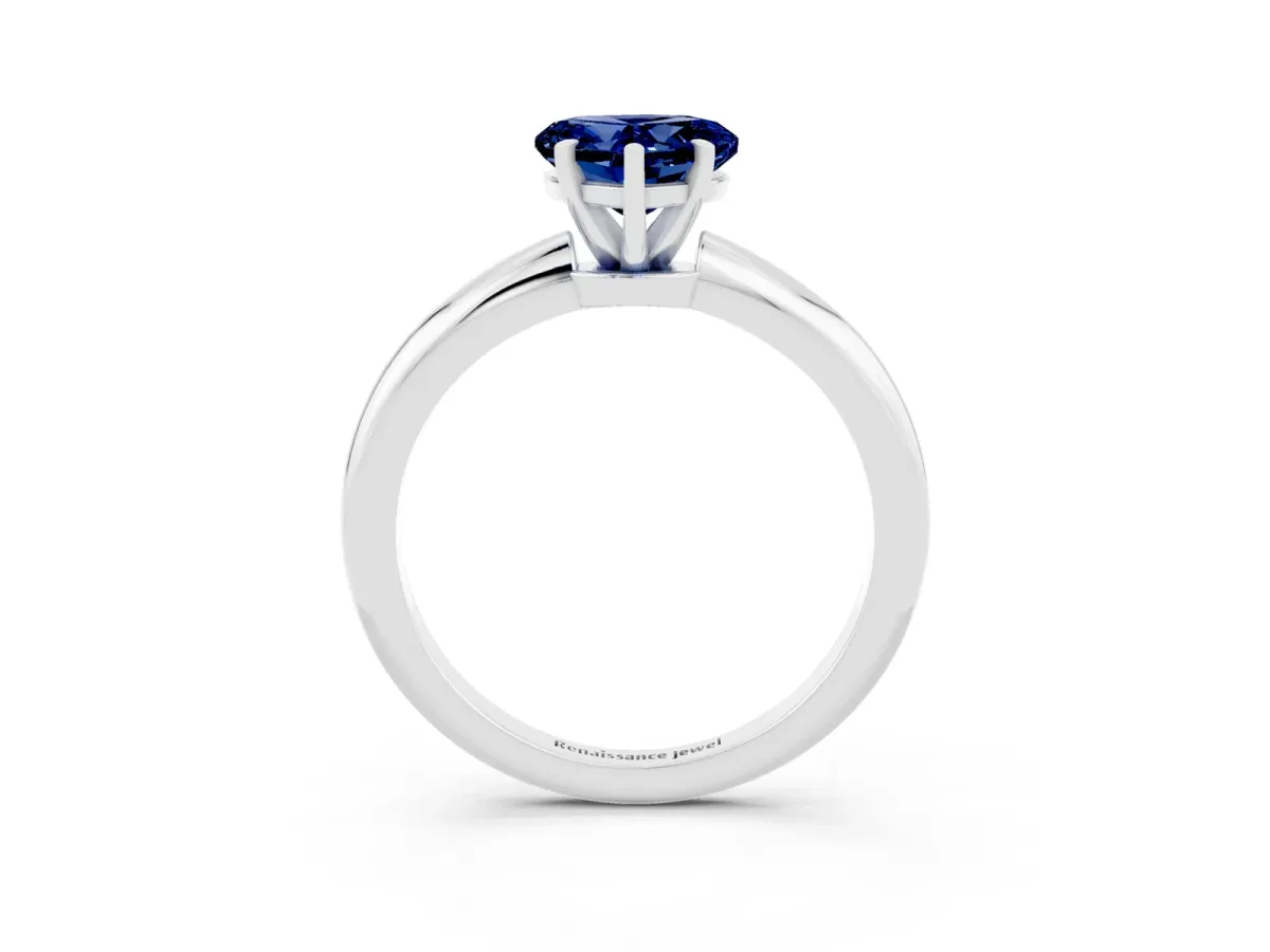 Heart Cut Blue Sapphire Solitaire Ring with Six-Prong Setting and Classic Band Silver
